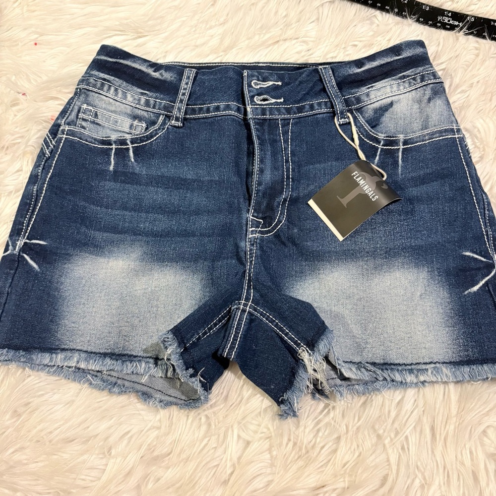 Flamingo High-Rise Frayed Hem Dark Blue Denim Shorts